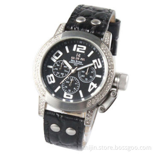 Three-eye Stainless Steel Watch with Genuine Leather Band for Men